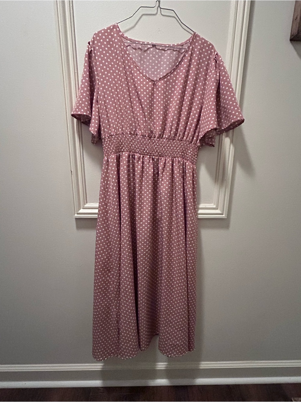 Smocked Waist Polka Dot Midi Dress in Dusty Rose